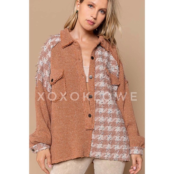 POL Half Button Houndstooth Patchwork Pullover Top Oversized - Picture 4 of 12